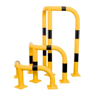 Vue d'ensemble des 3 arceaux d'angle de protection jaune et noir renforcé Vue d'ensemble des 3 arceaux d'angle de protection jaune et noir renforcé