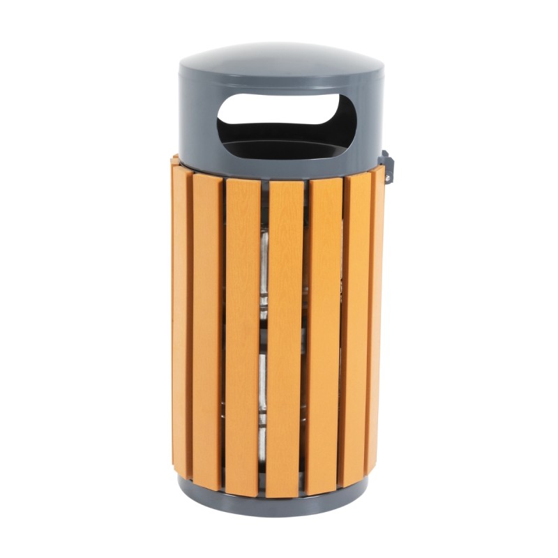 Vue générale de la poubelle extérieure ronde aspect bois